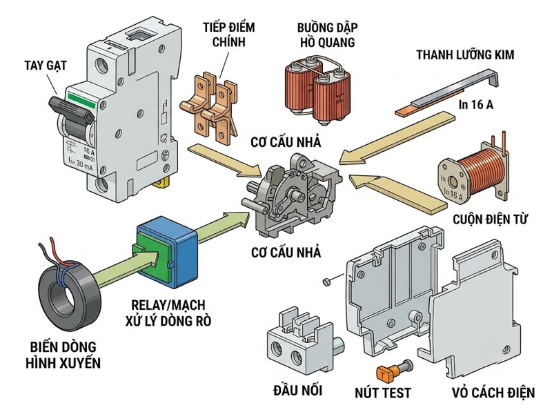Cấu tạo RCBO gồm những bộ phận nào?